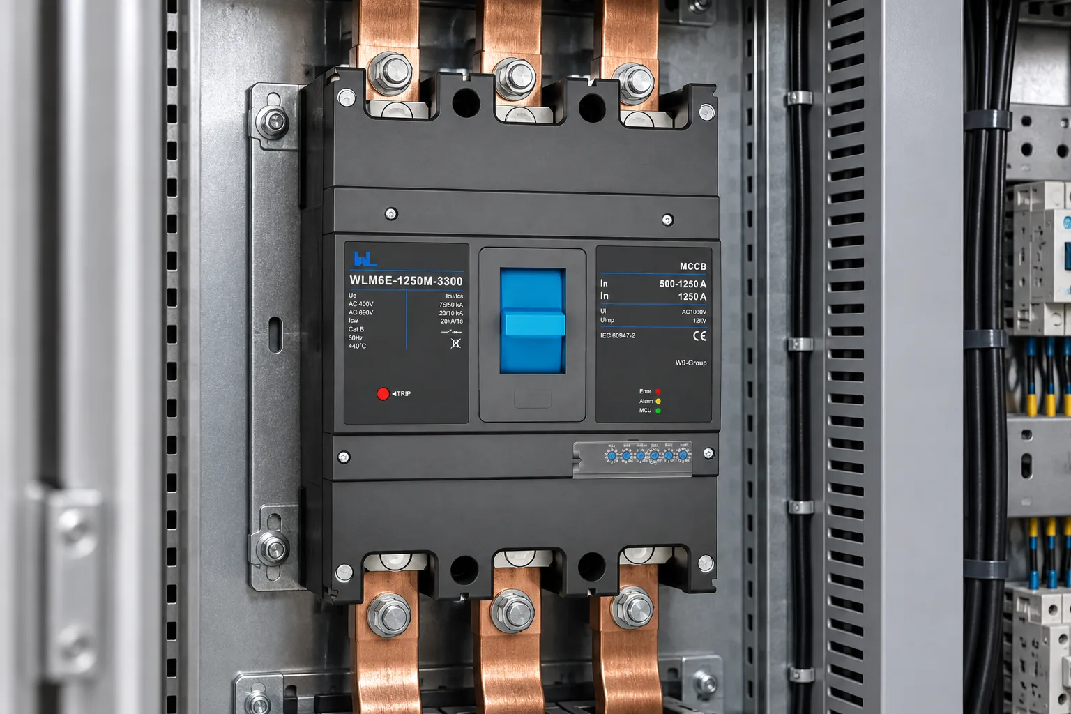W9 WLM6E-800A electronic molded case circuit breaker installed in a realistic electrical distribution setting