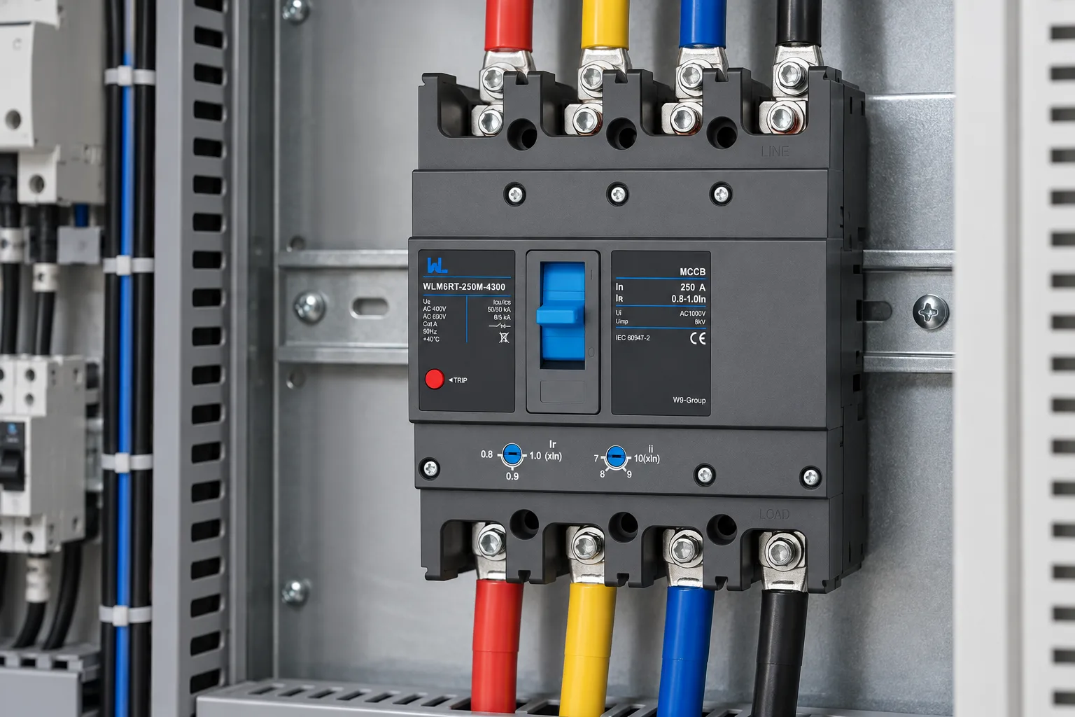 W9 WLM6RT-250A adjustable molded case circuit breaker installed in a realistic electrical distribution setting