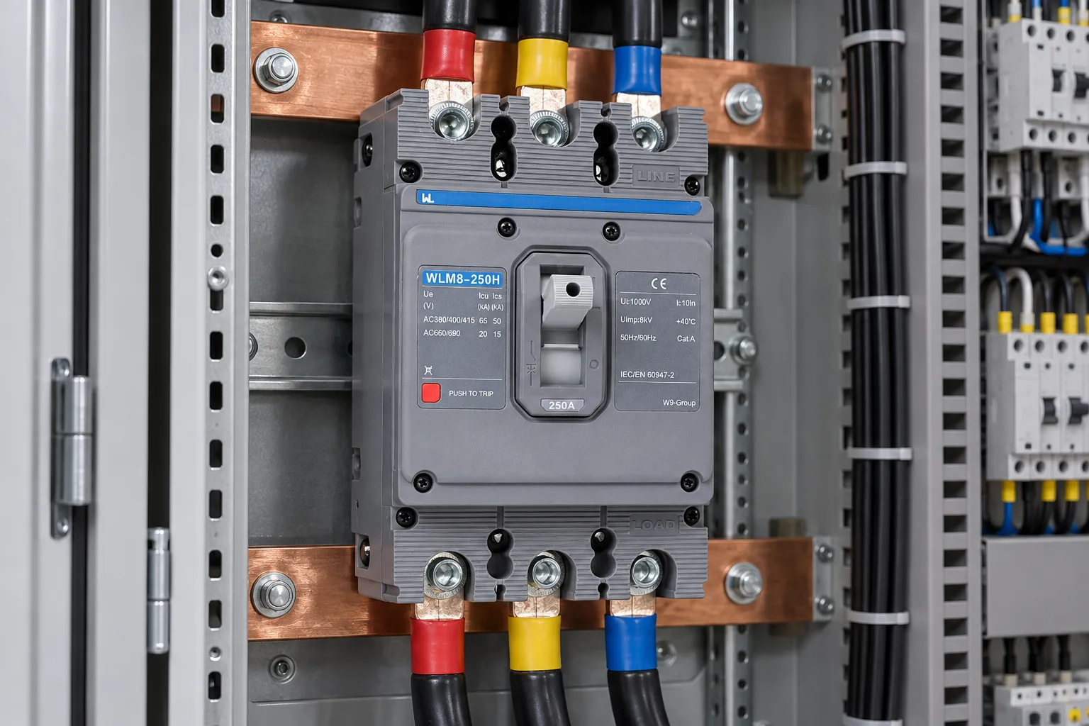 W9 WLM8-250H molded case circuit breaker installed in a realistic electrical distribution setting