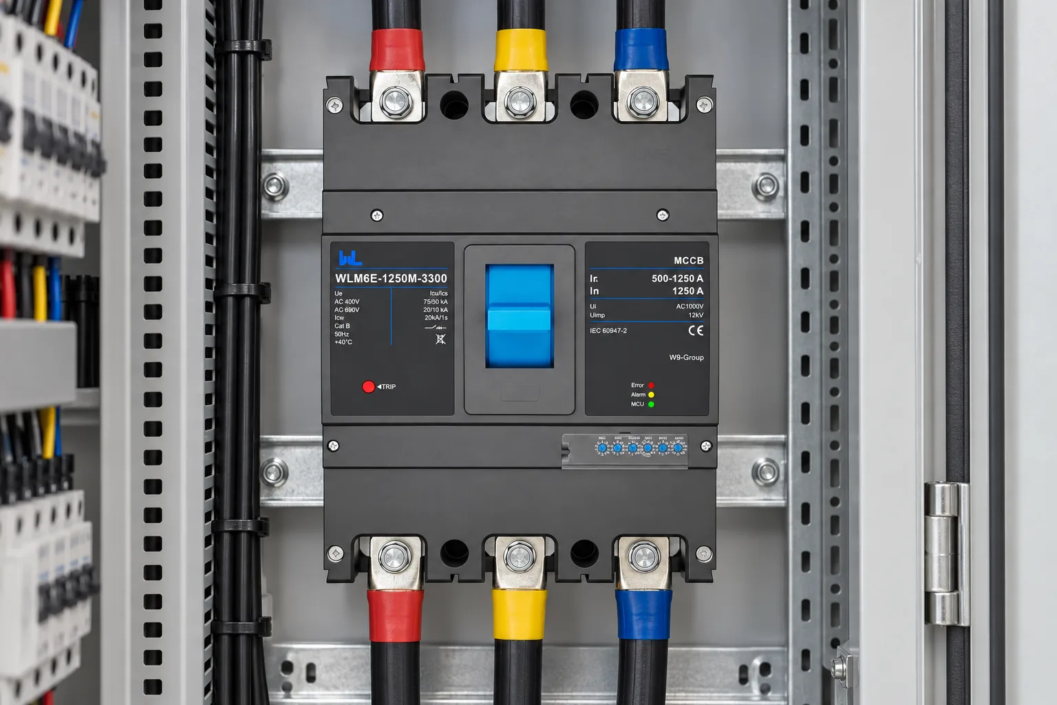 W9 WLM6E-800A electronic molded case circuit breaker installed in a realistic electrical distribution setting