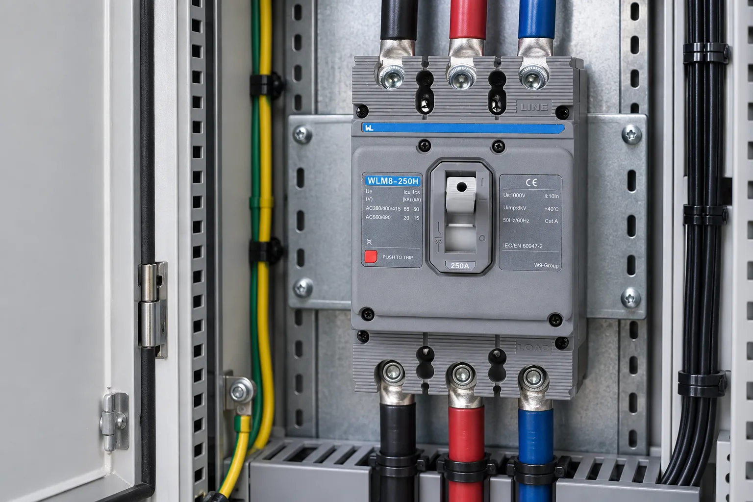 W9 WLM8-250H thermal magnetic molded case circuit breaker installed in a realistic electrical distribution setting