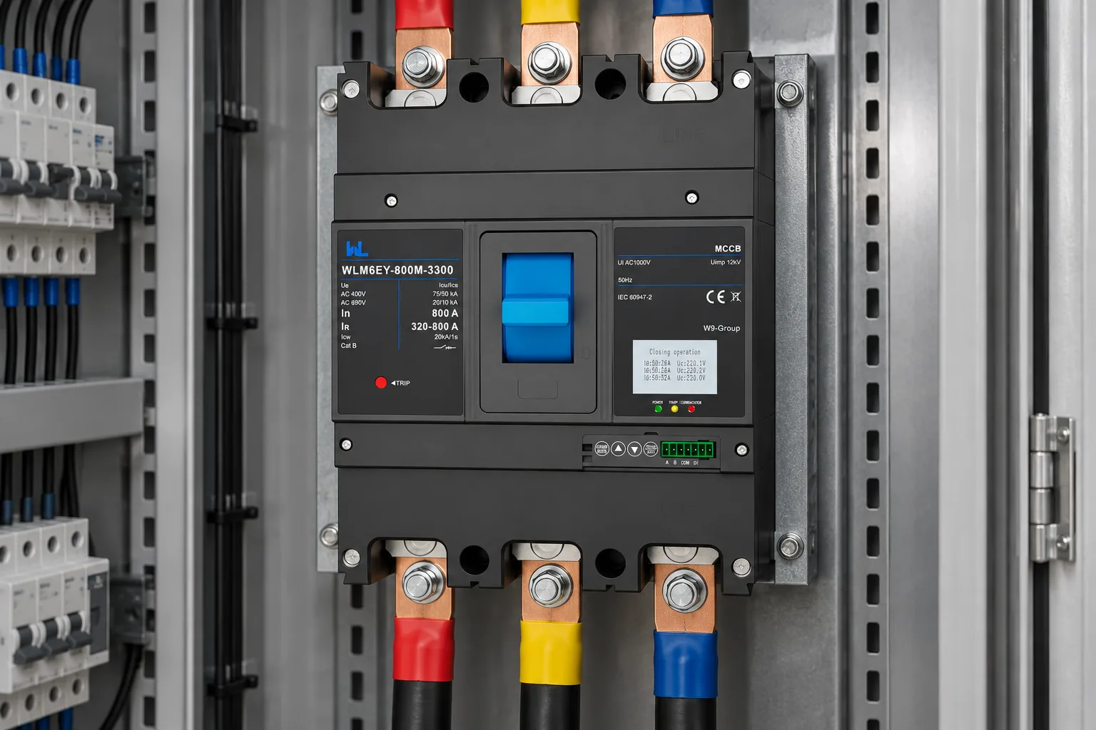 W9 MCCB circuit breaker WLM6EY-800A-3300 3P/4P WLM6E Series electronic type 400V/690V 800 amp 3 Poles/4 Poles built in lsig molded with Modbus RS485 installed in a realistic electrical distribution setting
