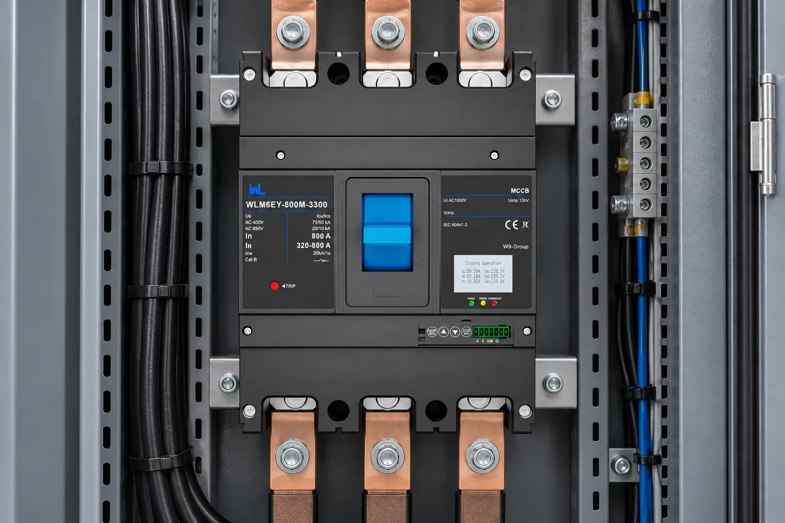 W9 MCCB circuit breaker WLM6EY-800A-3300 3P/4P WLM6E Series electronic type 400V/690V 800 amp 3 Poles/4 Poles built in lsig molded with Modbus RS485 installed in a realistic electrical distribution setting