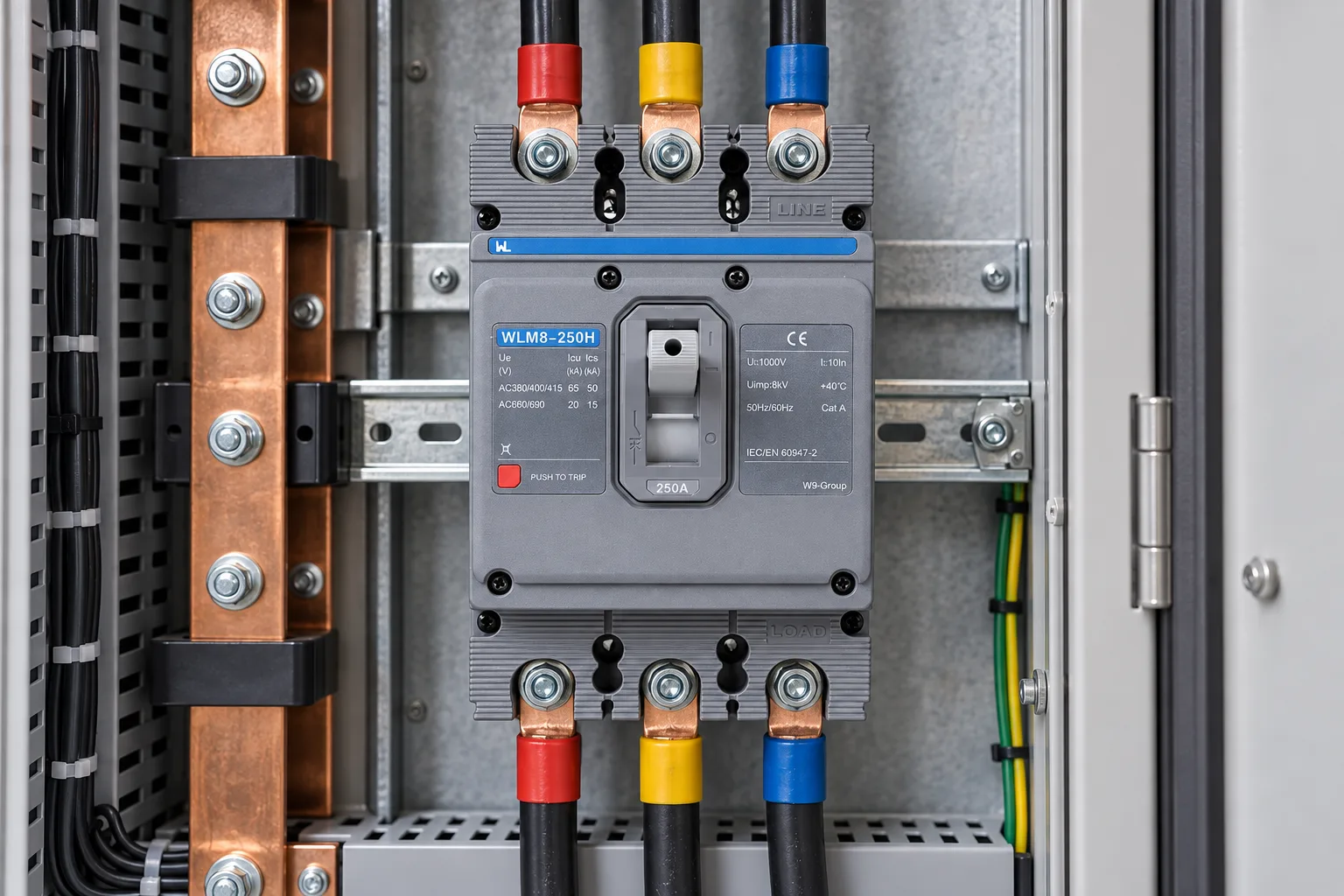 W9 MCCB circuit breaker WLM8-250H-3300 3P 250 amp circuit breaker thermal and magnetic circuit breaker thermal magnetic release mccb installed in a realistic electrical distribution setting