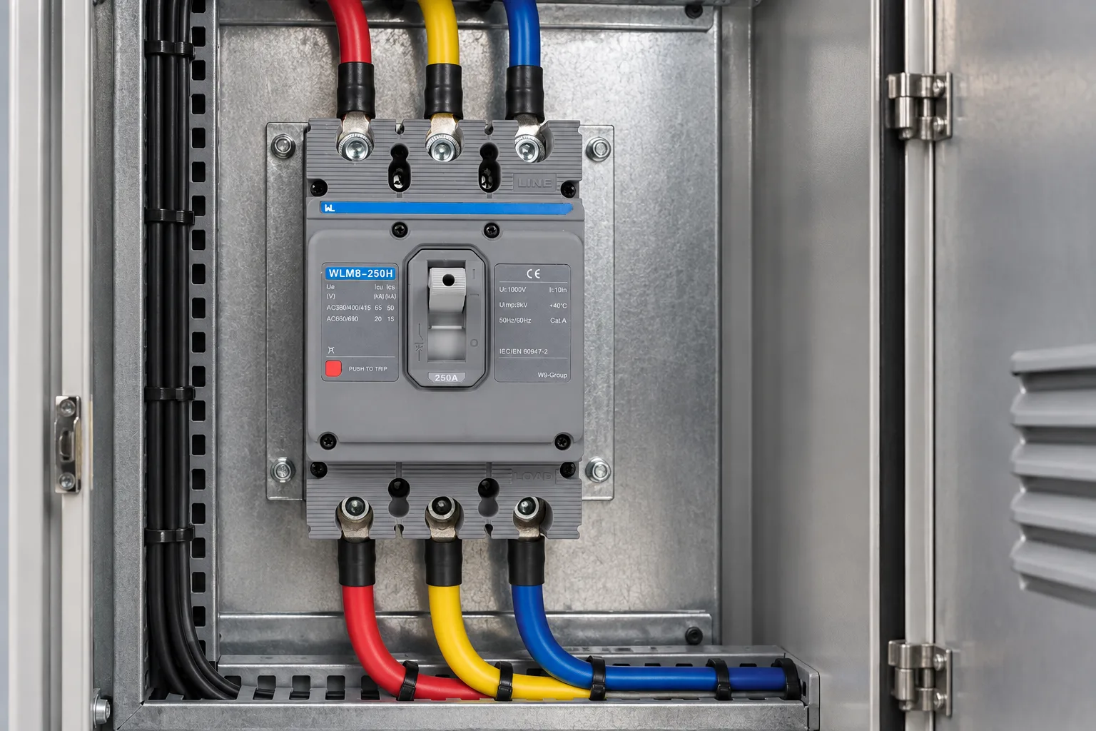 W9 MCCB circuit breaker WLM8-250H-3300 3P 250 amp circuit breaker thermal and magnetic circuit breaker thermal magnetic release mccb installed in a realistic electrical distribution setting