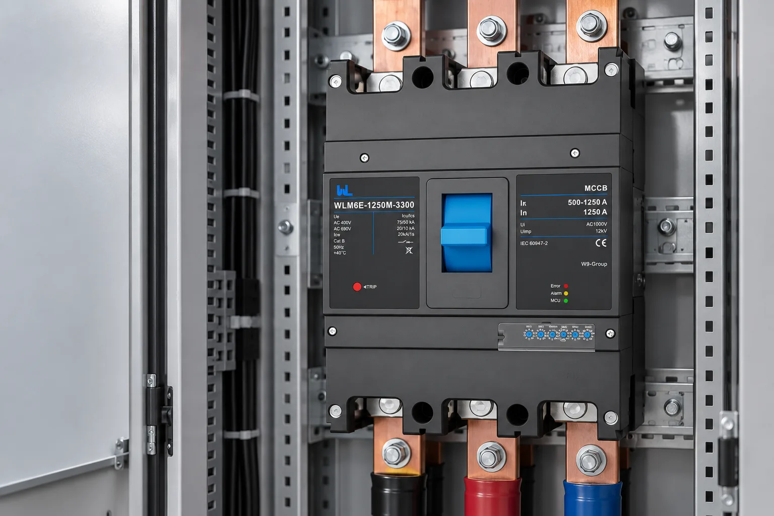 W9 MCCB circuit breaker WLM6E-800A-3300 3P/4P WLM6E Series electronic type circuit breaker 400V/690V 800 amp 3 Poles/4 Poles built in lsig installed in a realistic electrical distribution setting
