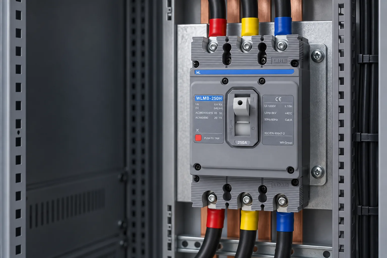 W9 MCCB circuit breaker WLM8-250H-3300 3P 250 amp circuit breaker thermal and magnetic circuit breaker thermal magnetic release mccb installed in a realistic electrical distribution setting