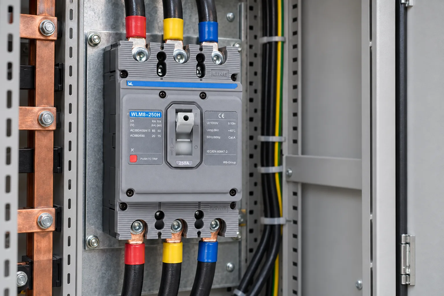W9 MCCB circuit breaker WLM8-250H-3300 3P 250 amp circuit breaker thermal and magnetic circuit breaker thermal magnetic release mccb installed in a realistic electrical distribution setting