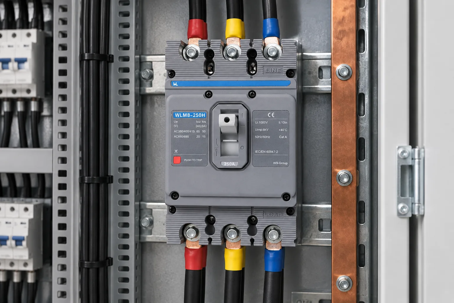W9 MCCB circuit breaker WLM8-250H-3300 3P 250 amp circuit breaker thermal and magnetic circuit breaker thermal magnetic release mccb installed in a realistic electrical distribution setting