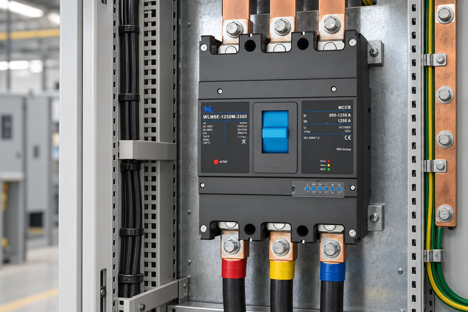 W9 MCCB circuit breaker WLM6E-800A-3300 3P/4P WLM6E Series electronic type circuit breaker 400V/690V 800 amp 3 Poles/4 Poles built in lsig installed in a realistic electrical distribution setting