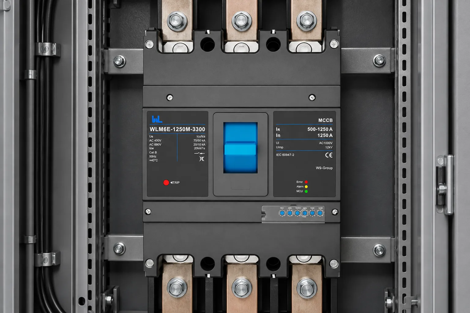 W9 WLM6E-800A-3300 electronic MCCB with LSIG trip unit installed in a realistic electrical distribution setting