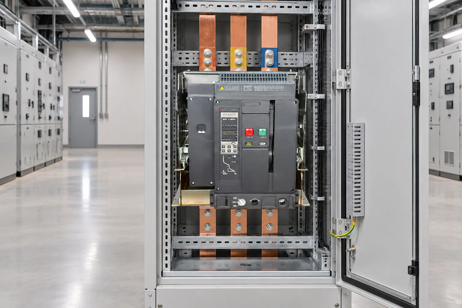 W9 Air circuit breaker WEW1-1000 1000 amp acb withdrawable type acb fixed type 400VAC/690VAC 1000A 3/4p acb installed in a realistic electrical distribution setting