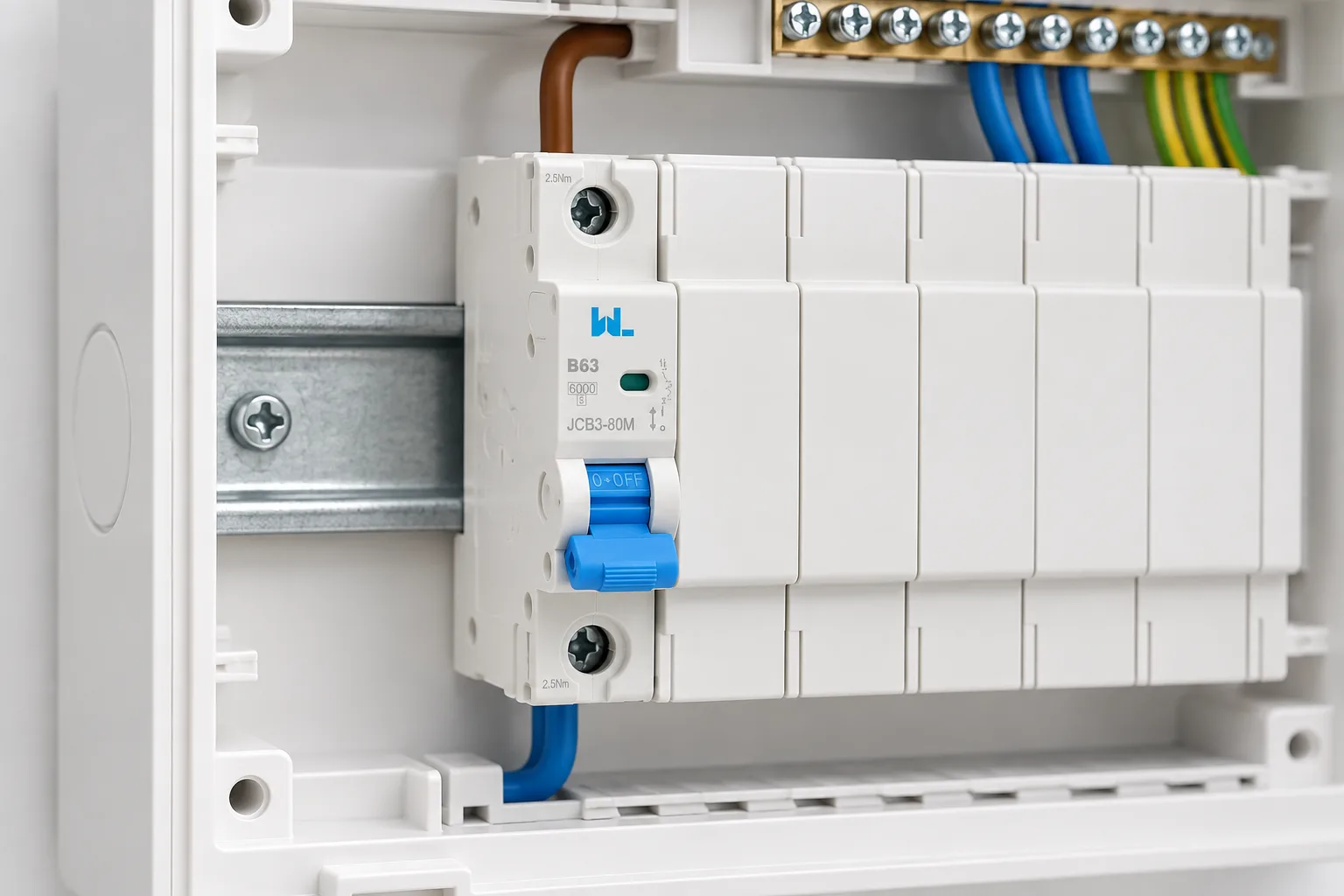 W9 Miniature Circuit Breaker JCB3-80M 6kA installed in a realistic electrical distribution setting