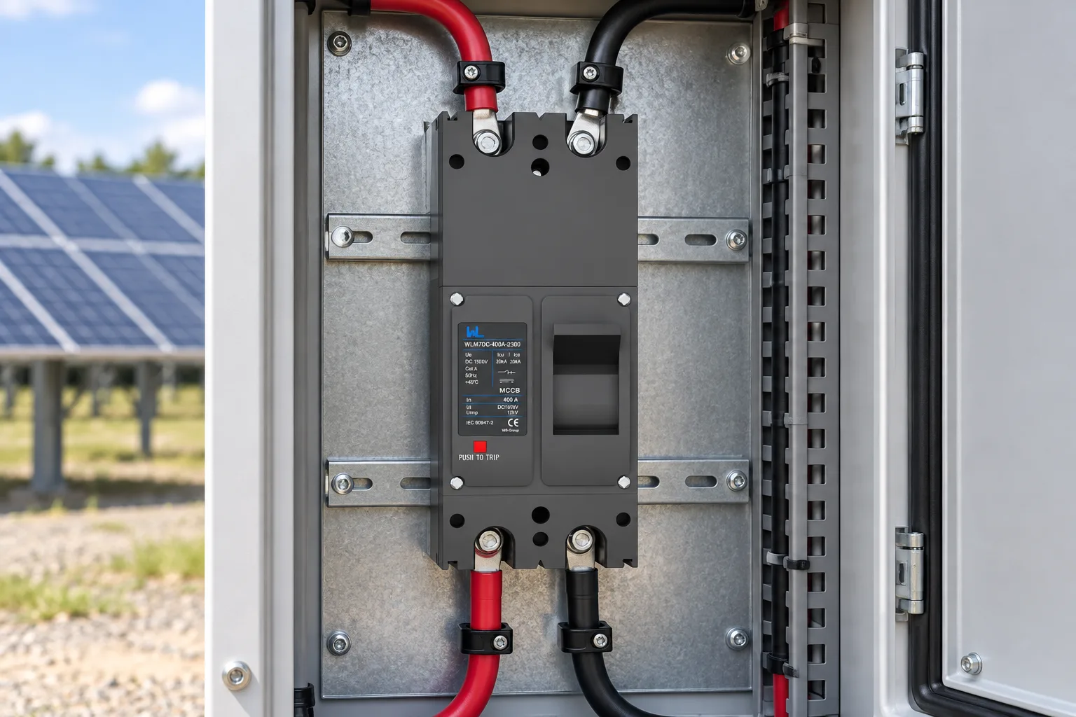 W9 WLM7DC-400A-2300 2Poles WLM7DC Series Photovoltaic solar type dc mccb 250vdc/500vdc/750VDC/1000VDC/1500VDC 250A 3 Poles solar mccb installed in a realistic electrical distribution setting