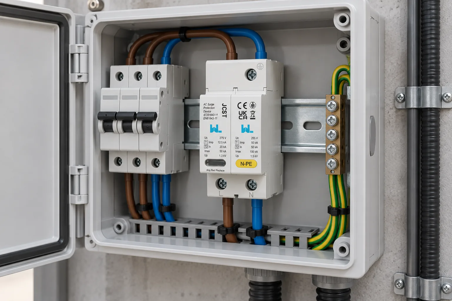 W9 JCST Type 1+2 AC Surge Protection Device installed in a realistic electrical distribution setting