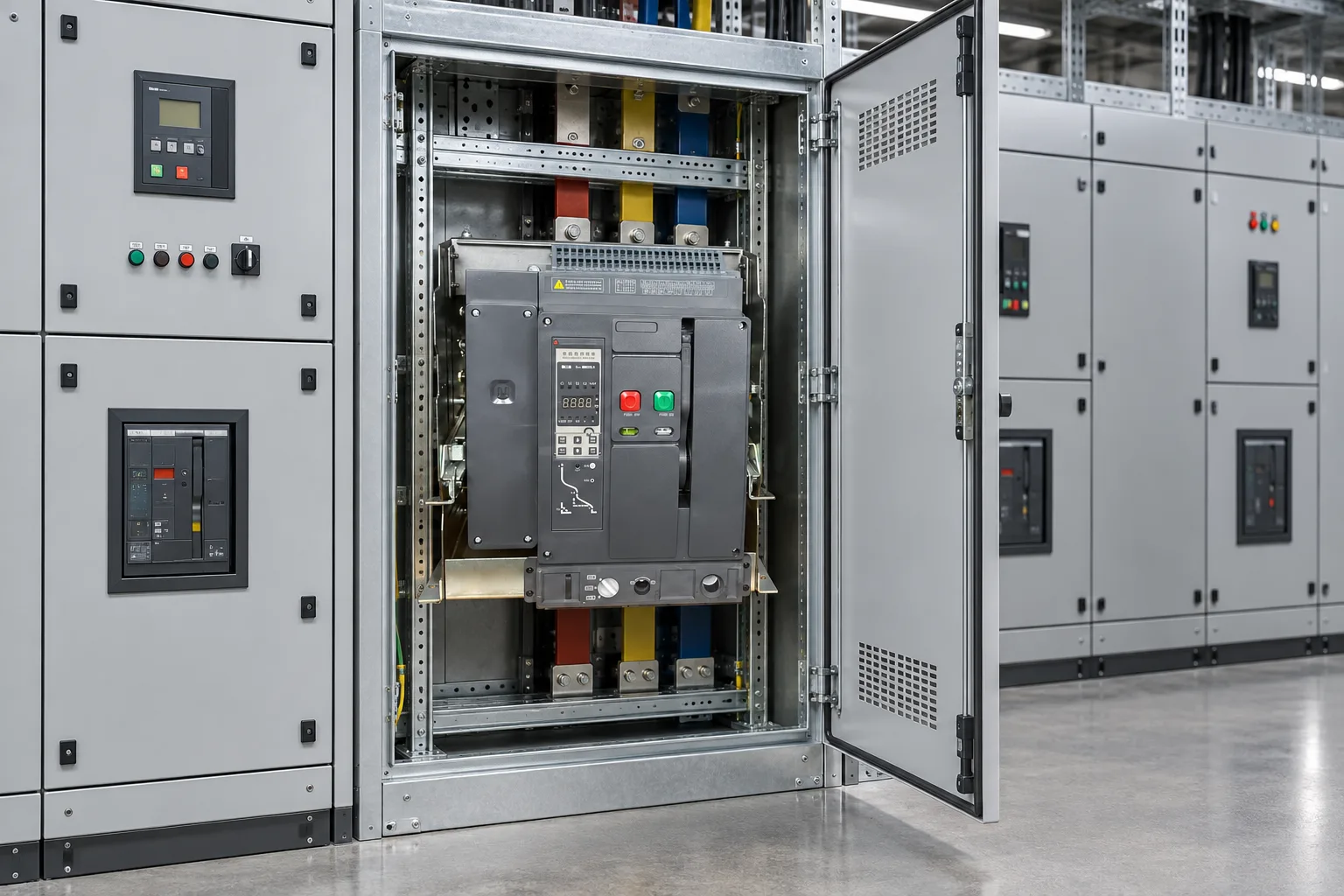 W9 Air circuit breaker WEW1-1000 1000 amp acb withdrawable type acb fixed type 400VAC/690VAC 1000A 3/4p acb installed in a realistic electrical distribution setting
