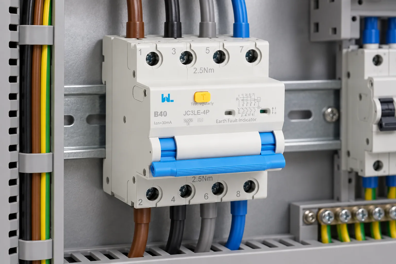 W9 JC3LE-4P electromagnetic RCBO installed in a three-phase distribution panel