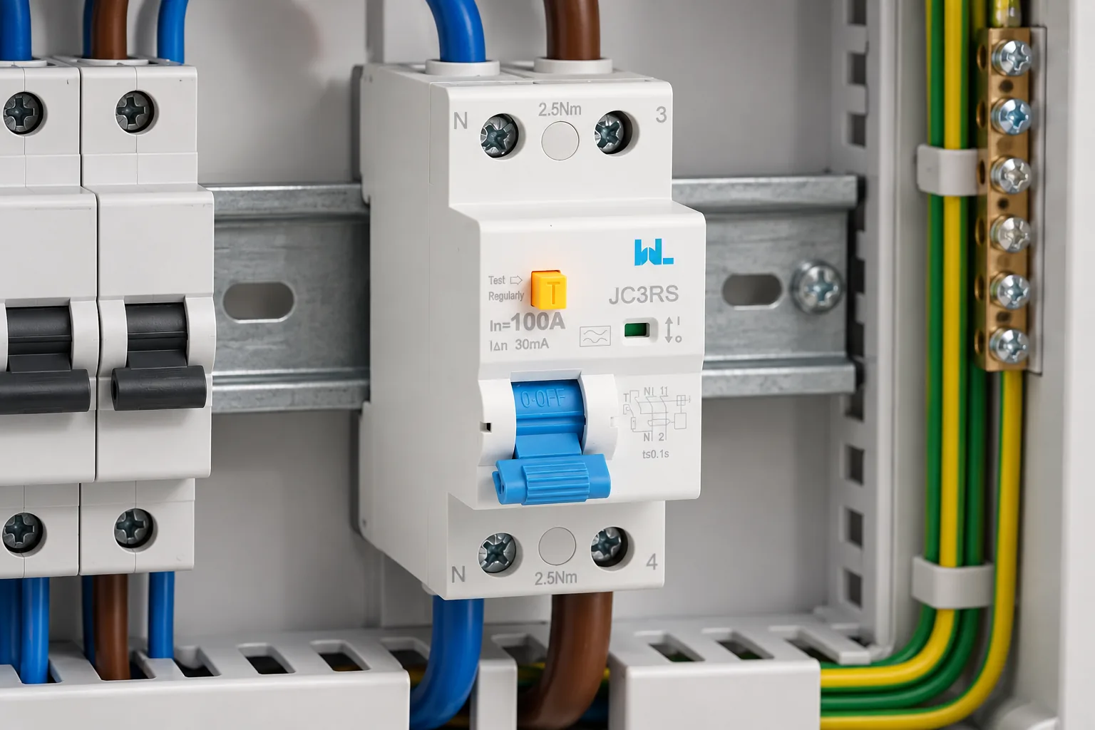 W9 JC3RS residual current device installed in a distribution board