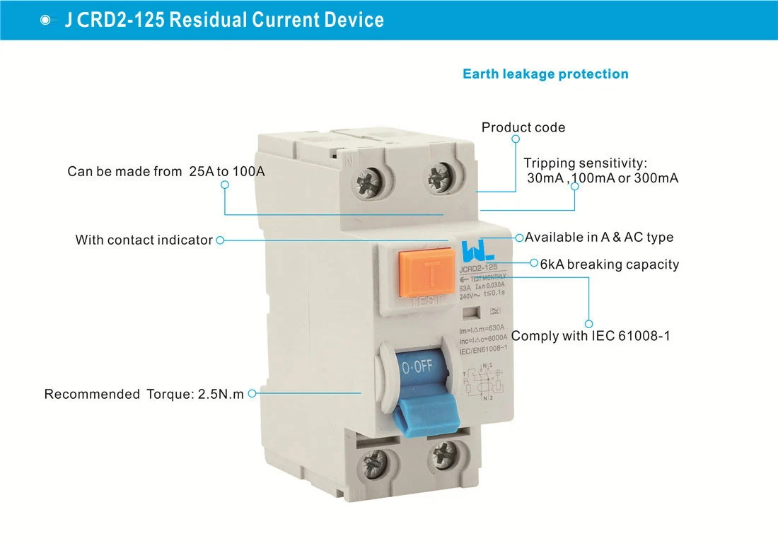 MCCB circuit breaker 2 Pole RCD residual current circuit breaker Type AC or Type A RCCB JCRD2-125 detail image 1
