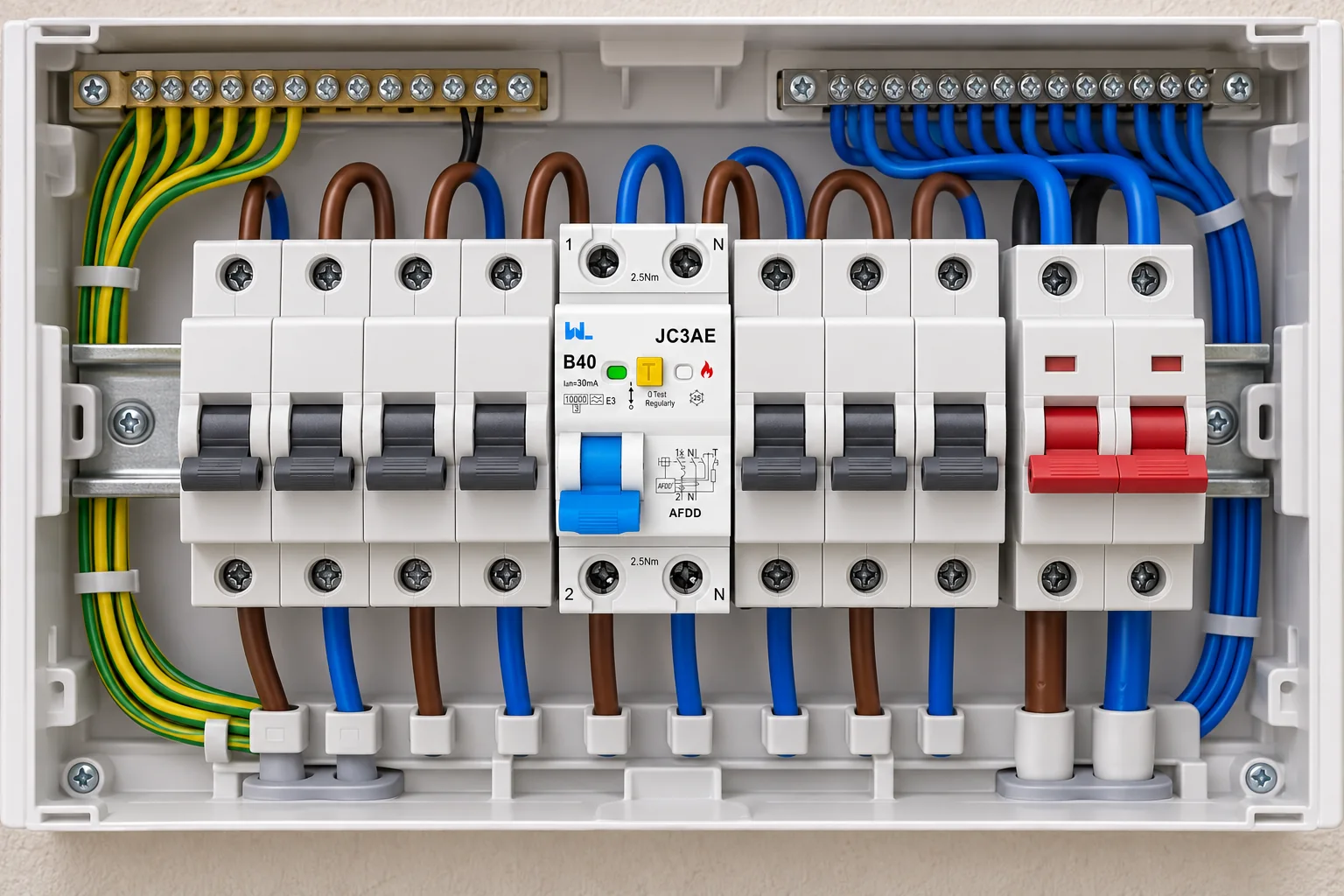 W9 JC3AE arc-fault detection device installed in a residential distribution board
