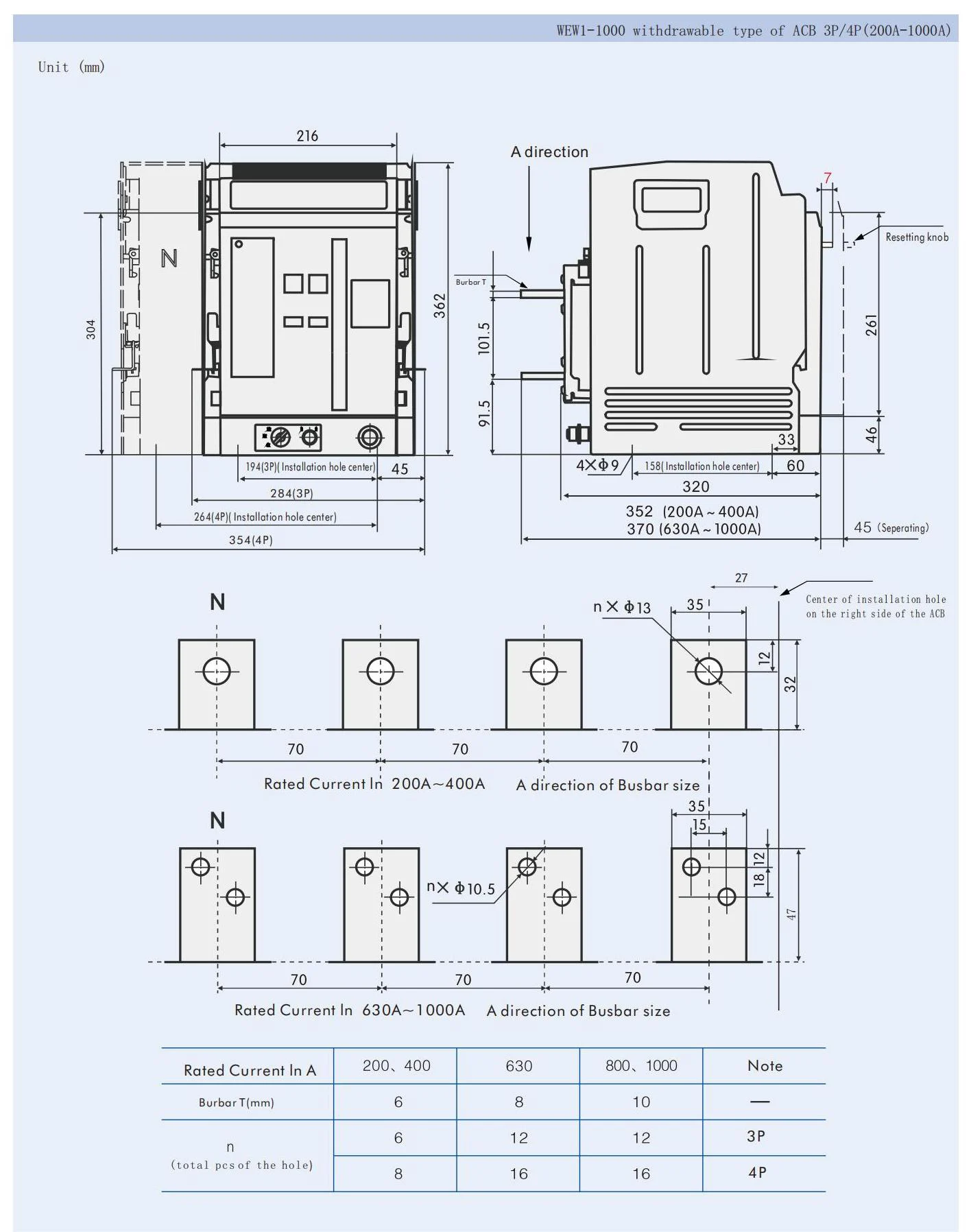 Air circuit breaker WEW1-1000 1000 amp acb withdrawable type acb fixed type 400VAC/690VAC 1000A 3/4p acb detail image 1
