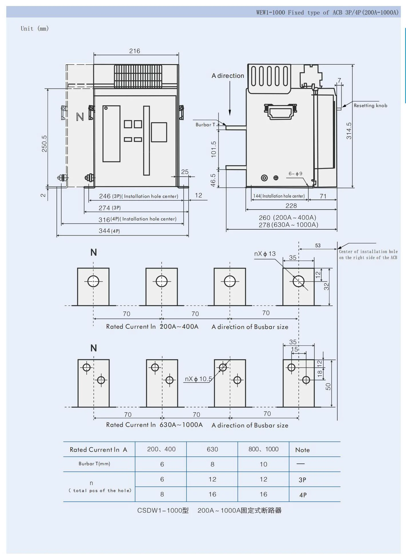 Air circuit breaker WEW1-1000 1000 amp acb withdrawable type acb fixed type 400VAC/690VAC 1000A 3/4p acb detail image 2