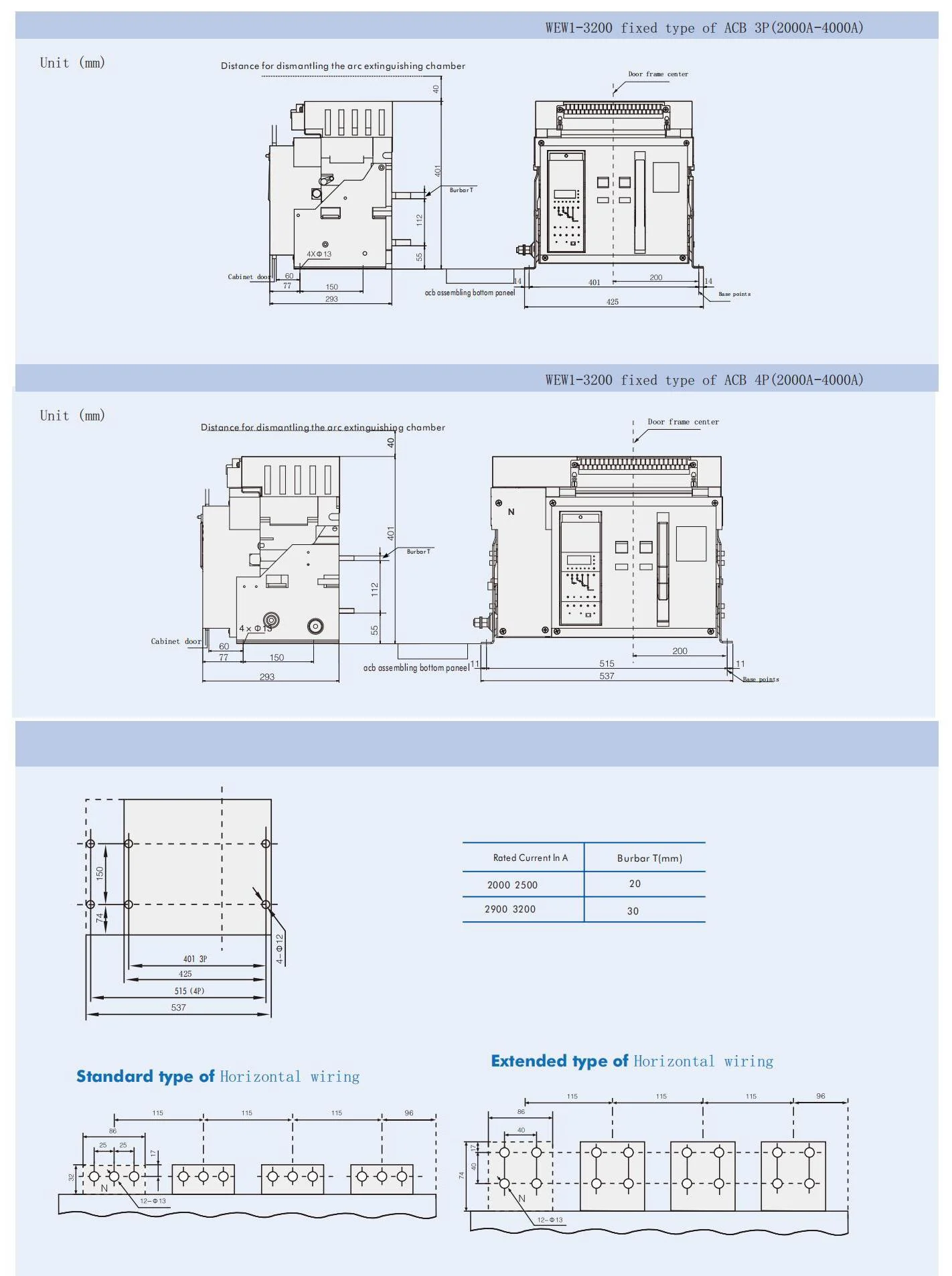 Air circuit breaker WEW1-3200 acb withdrawable type acb fixed type 400VAC/690VAC 3200A 3/4p acb detail image 2