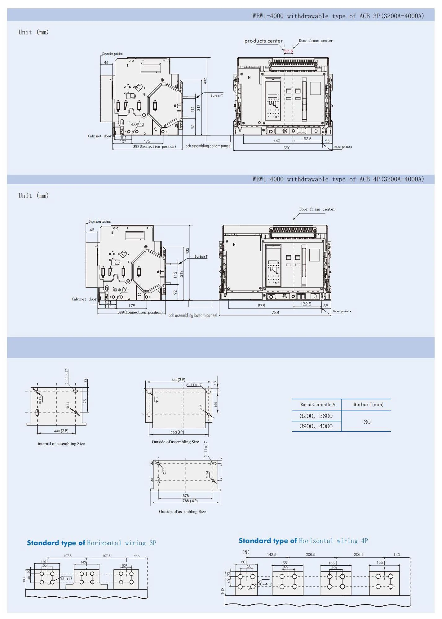 Air circuit breaker WEW1-4000 air circuit breaker withdrawable type acb fixed type switch ODM 400VAC/690VAC 4000A 3/4p acb detail image 2