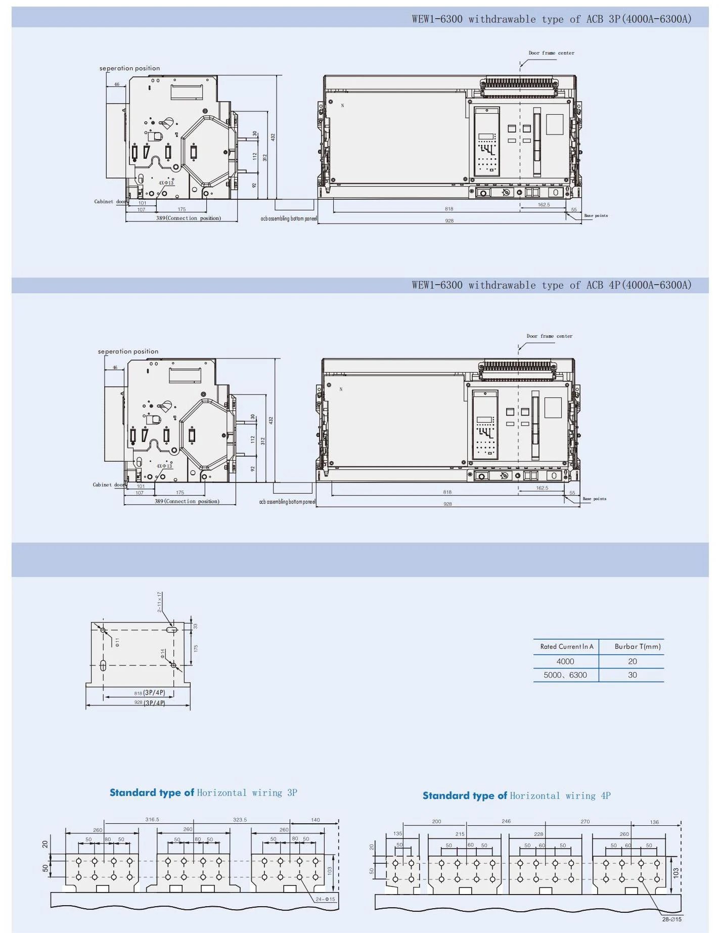 Air circuit breaker WEW1-6300 air Circuit Breaker withdrawable type acb fixed type type Switch 400VAC/690VAC 6300A 3/4p acb detail image 1