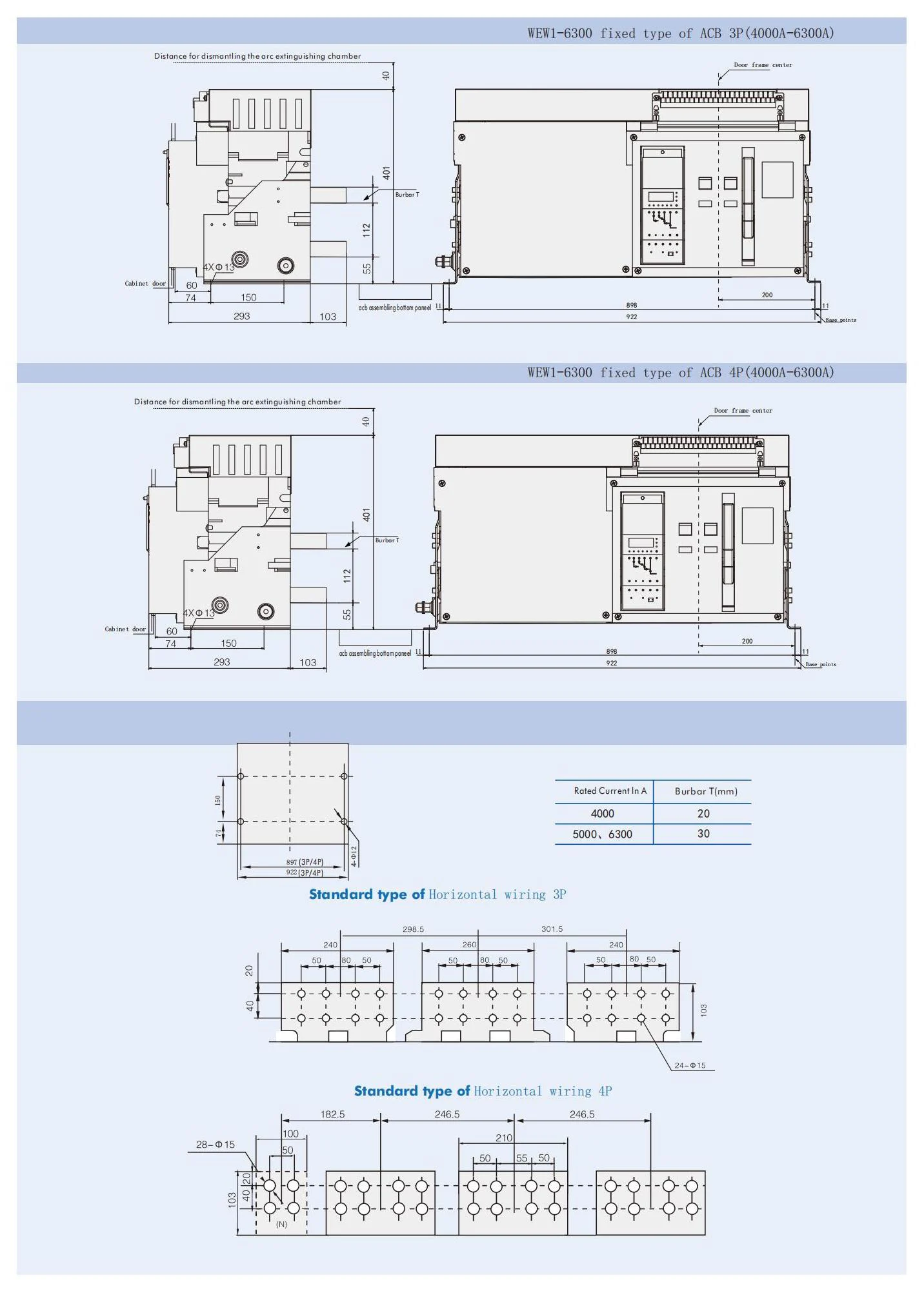 Air circuit breaker WEW1-6300 air Circuit Breaker withdrawable type acb fixed type type Switch 400VAC/690VAC 6300A 3/4p acb detail image 2