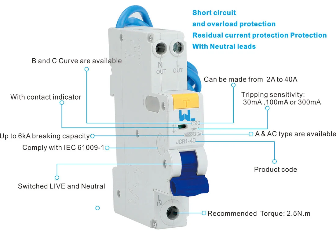 RCBO with Switched Live and Neutral JC3LE Single Module Mini 6kA detail image 1