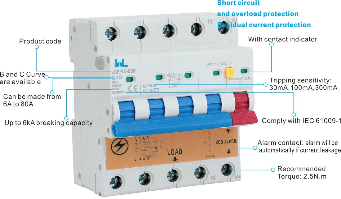 RCBO With Alarm 6kA Safety Switch Circuit Breaker JCB2LE-80M4P+A 4 Pole detail image 1