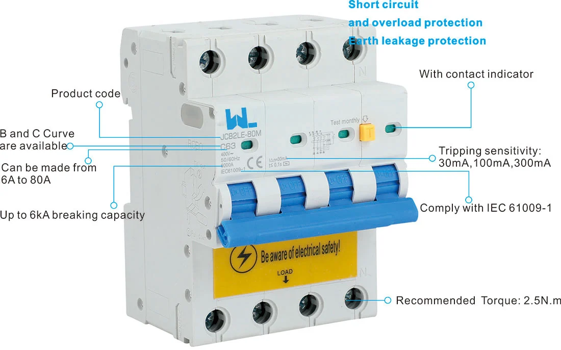 Residual Current Circuit Breaker JCB2LE-4E 4P 4 Pole RCBO 6kA detail image 1