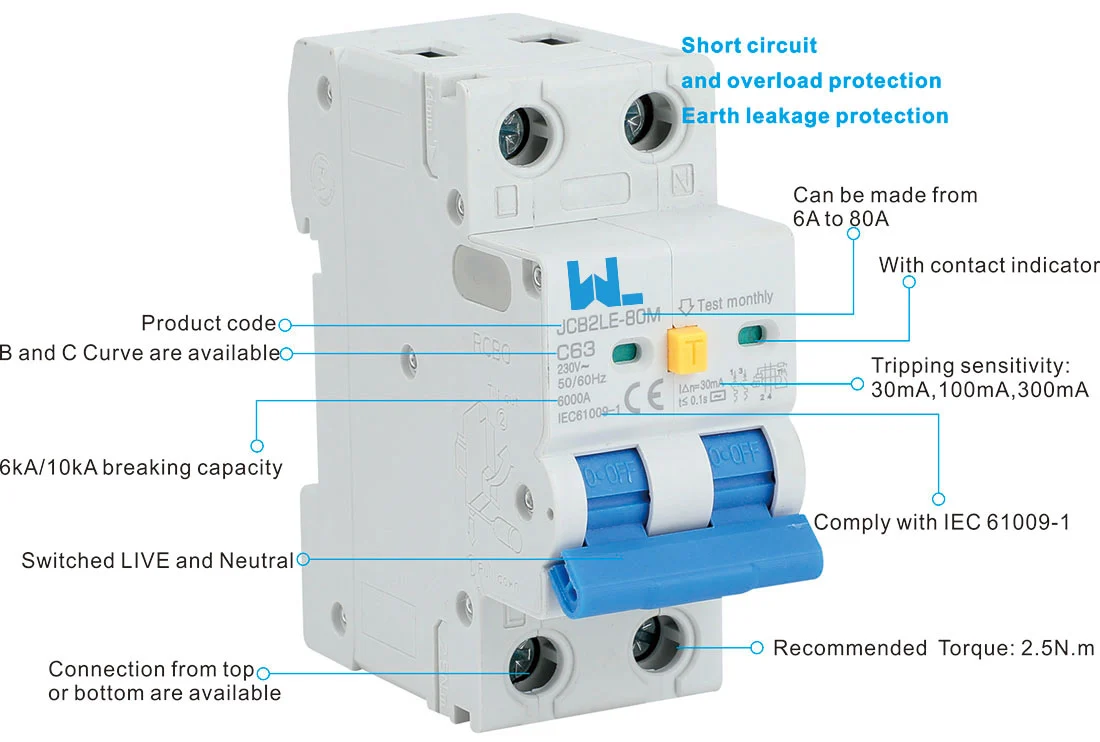 RCBO Residual Current Circuit Breaker With Over Current and Leakage protection，Differential circuit breaker JCB2LE-80M 2 Pole detail image 1
