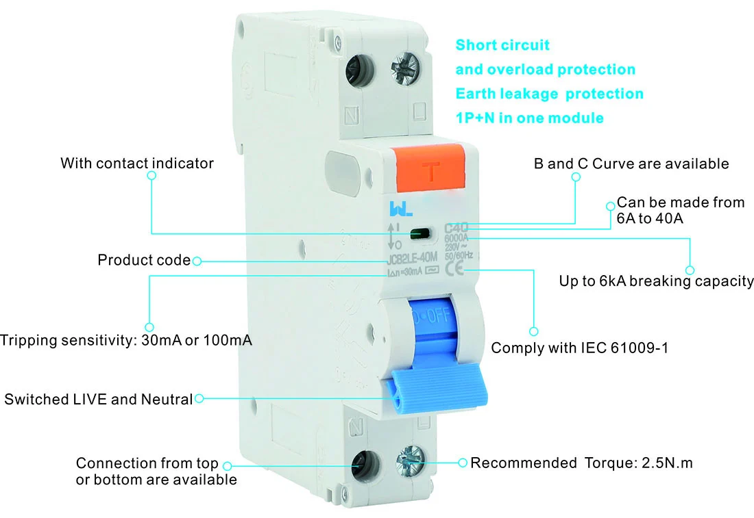 RCBO single Module residual current circuit breaker with overload protection JCB2LE-40M 1P+N mini 6kA detail image 1