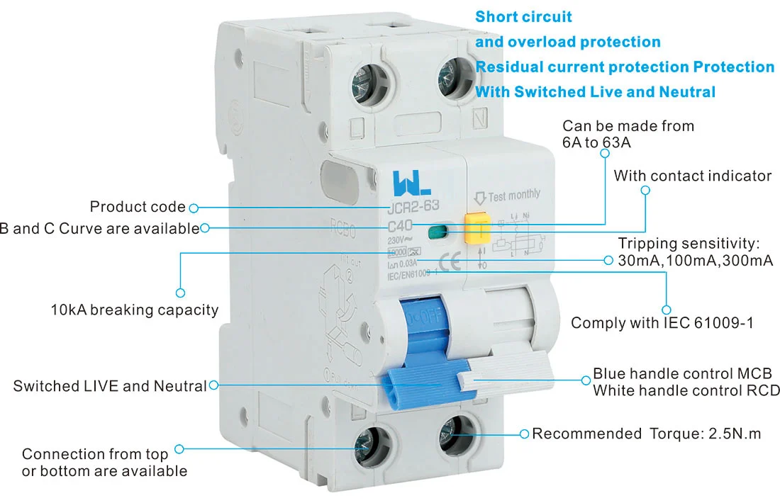 RCBO for EV Charger 10kA Differential circuit breaker JCR2-63 2 Pole 1P+N detail image 1
