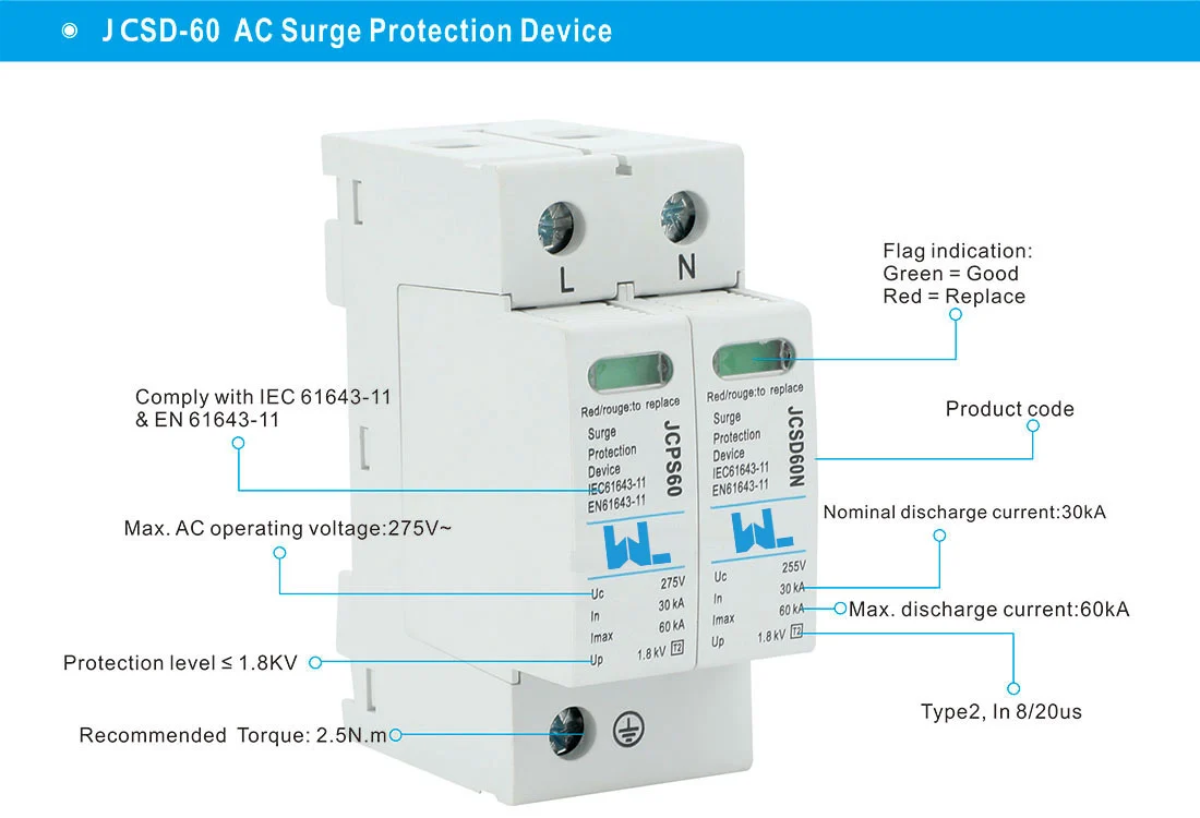 AC Surge Protective Device JCSD-60 Surge protection Device 30/60kA Surge Arrestor detail image 1