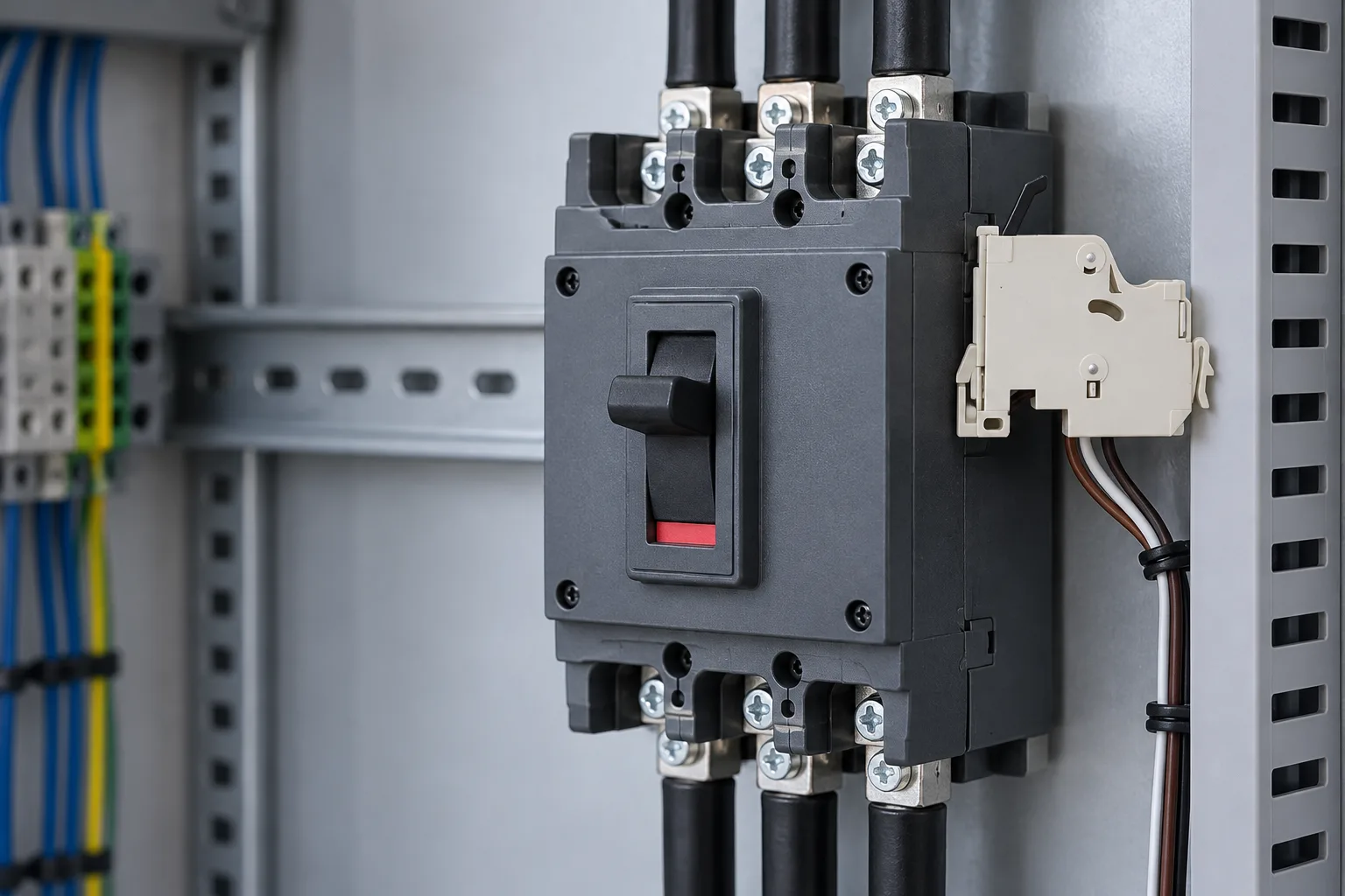 W9 mccb accessories Aauxiliary contact single Aauxiliary with wiring or termial installed in a realistic electrical distribution setting