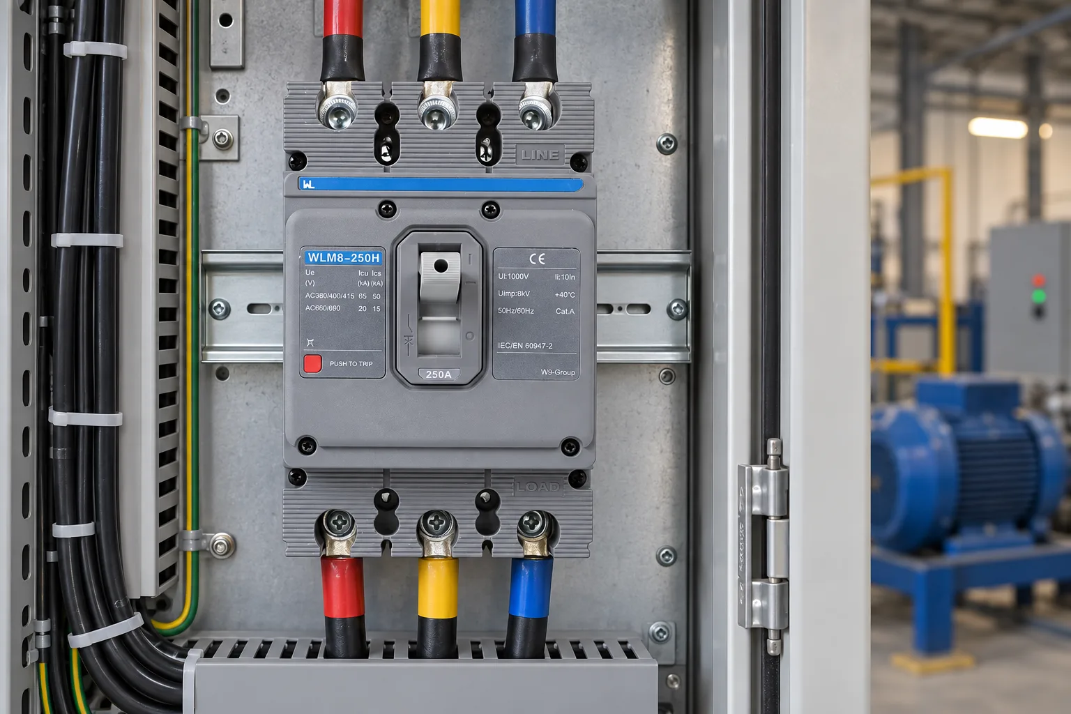 W9 MCCB circuit breaker WLM8-250H-3300 3P 250 amp circuit breaker thermal and magnetic circuit breaker thermal magnetic release mccb installed in a realistic electrical distribution setting