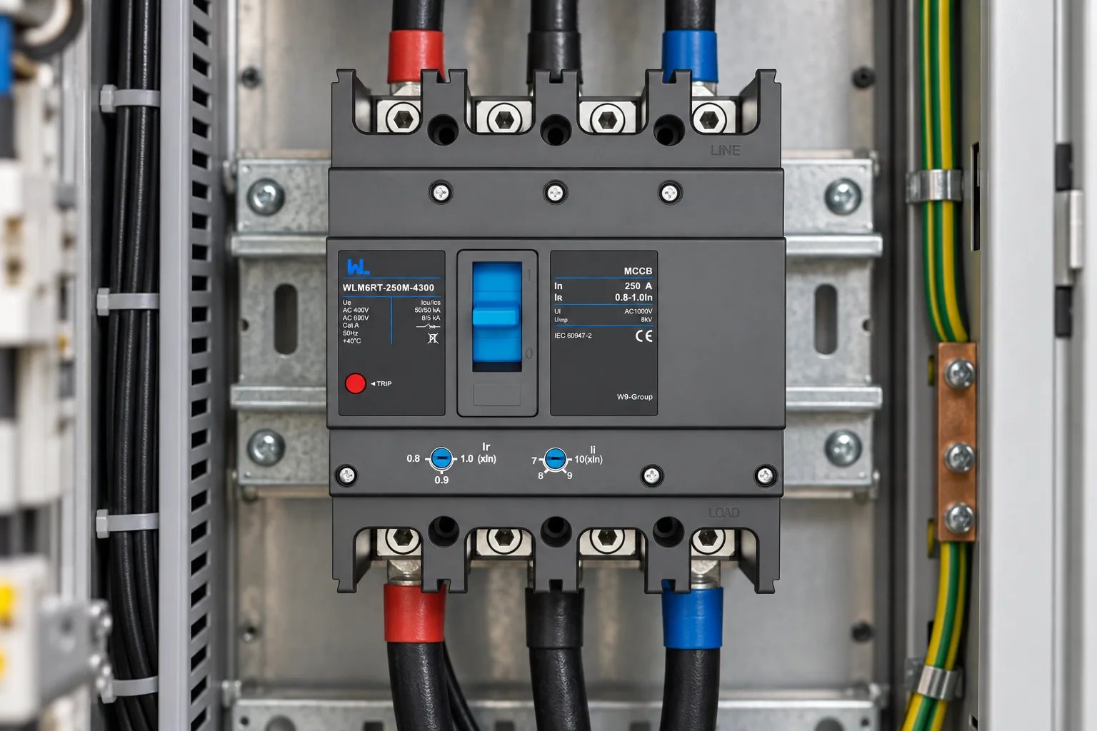 W9 WLM6RT-250A-3300 adjustable thermal-magnetic MCCB installed in a realistic electrical distribution setting