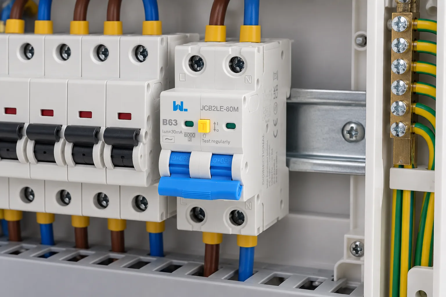W9 JCB2LE-80M 2-pole RCBO with overcurrent and leakage protection installed in a realistic electrical distribution setting