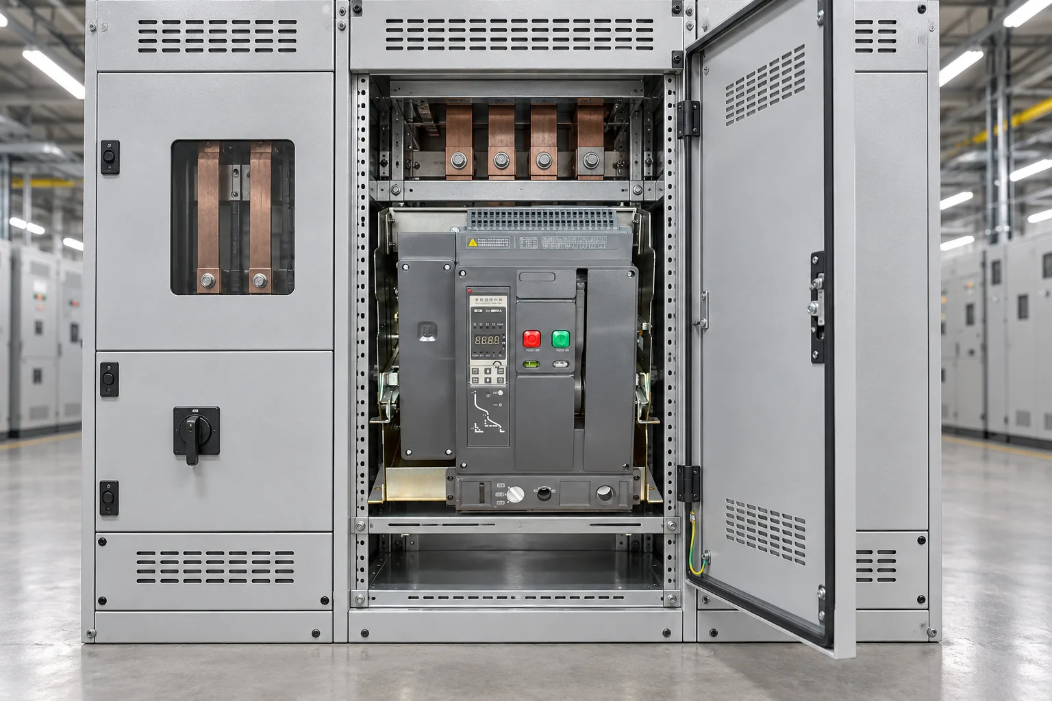 W9 Air circuit breaker WEW1-1000 1000 amp acb withdrawable type acb fixed type 400VAC/690VAC 1000A 3/4p acb installed in a realistic electrical distribution setting