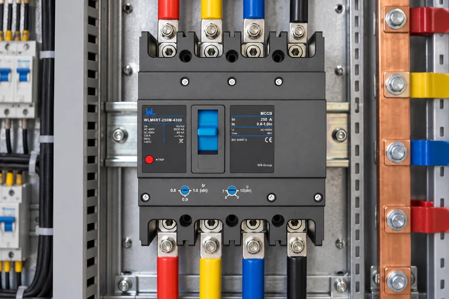 W9 Adjustable Mccb WLM6RT-250A-3300 3P/4P WLM6RT Series industrial thermal magnetic type circuit breaker 400V/690V mccb 250A 3/4 Poles installed in a realistic electrical distribution setting