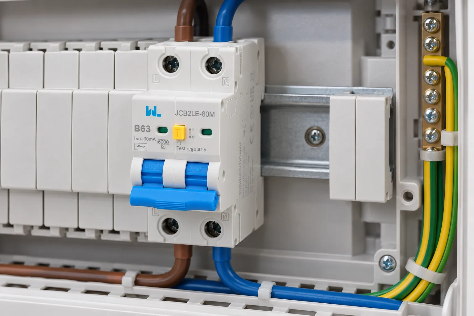 W9 RCBO Residual Current Circuit Breaker With Over Current and Leakage protection，Differential circuit breaker JCB2LE-80M 2 Pole installed in a realistic electrical distribution setting