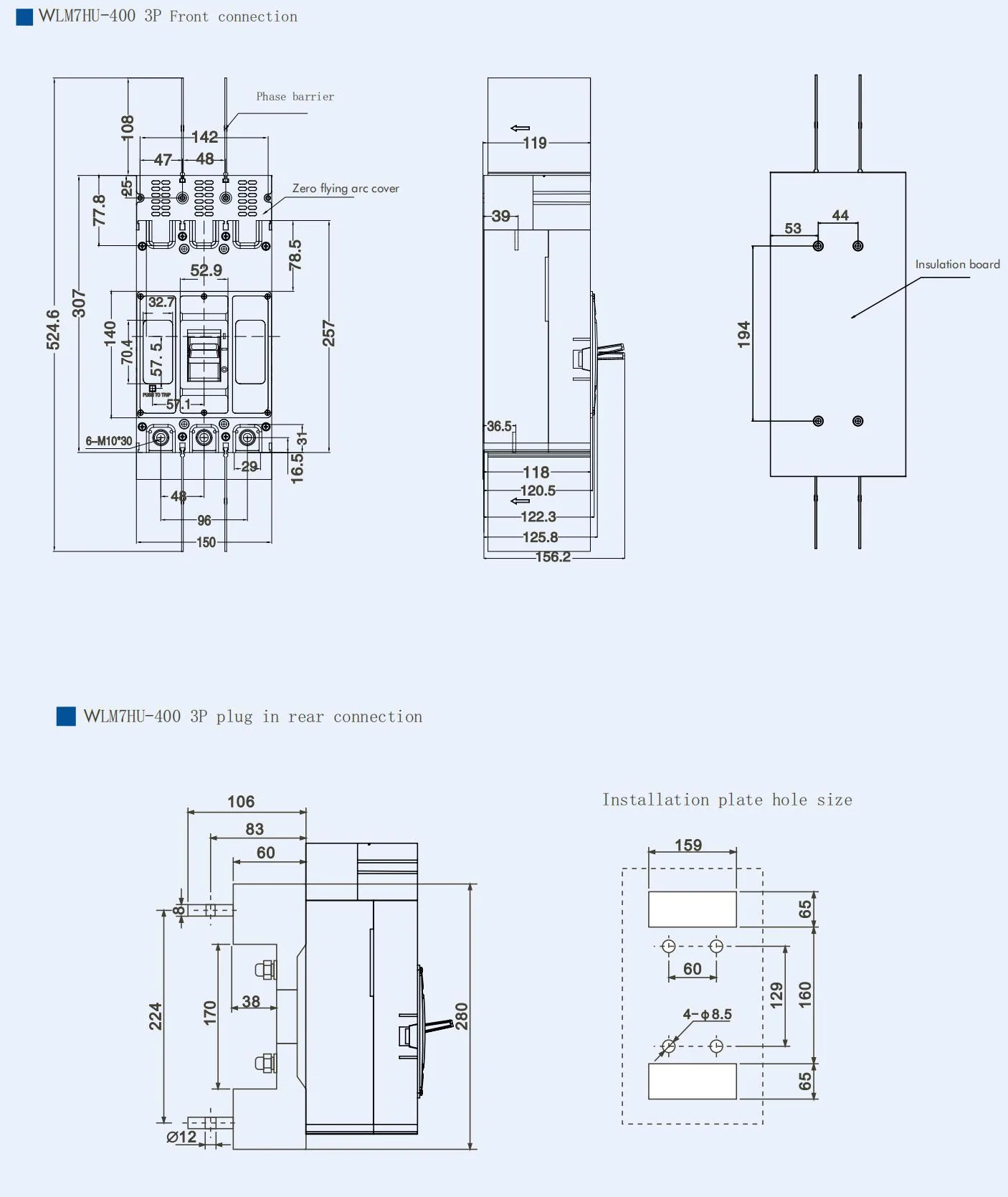 WLM7HU-400-3300 3P solar type Molded Case Circuit Breaker 800V mccb 800VAC/1000VAC/1140VAC 400A 3 Poles detail image 1