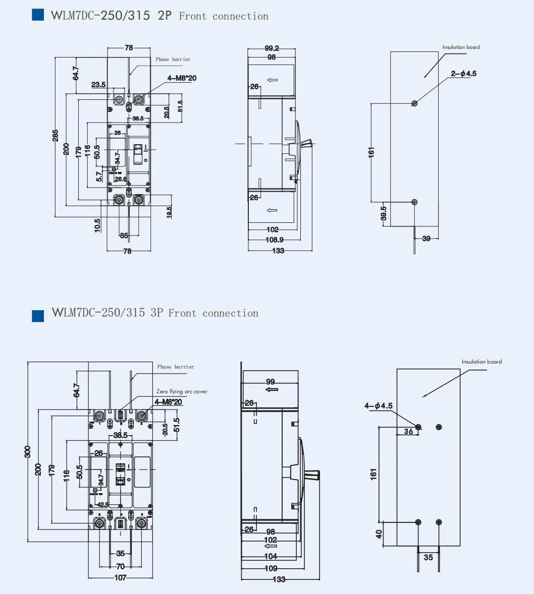 WLM7DC-250A-2300 2P 3P WLM7DC Series Photovoltaic solar type dc mccb 250vdc/500vdc/750VDC/1000VDC/1500VDC 250A 2 Poles solar mccb detail image 1