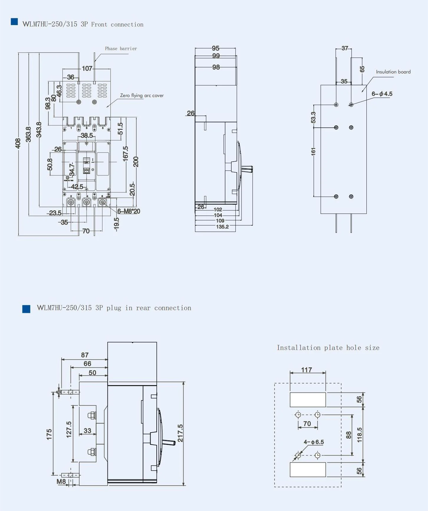 WLM7HU-315-3300 3P Photovoltaic solar mccb molded case circuit breaker 800V mccb 800VAC/1000VAC/1140VAC mccb315A mccb detail image 2