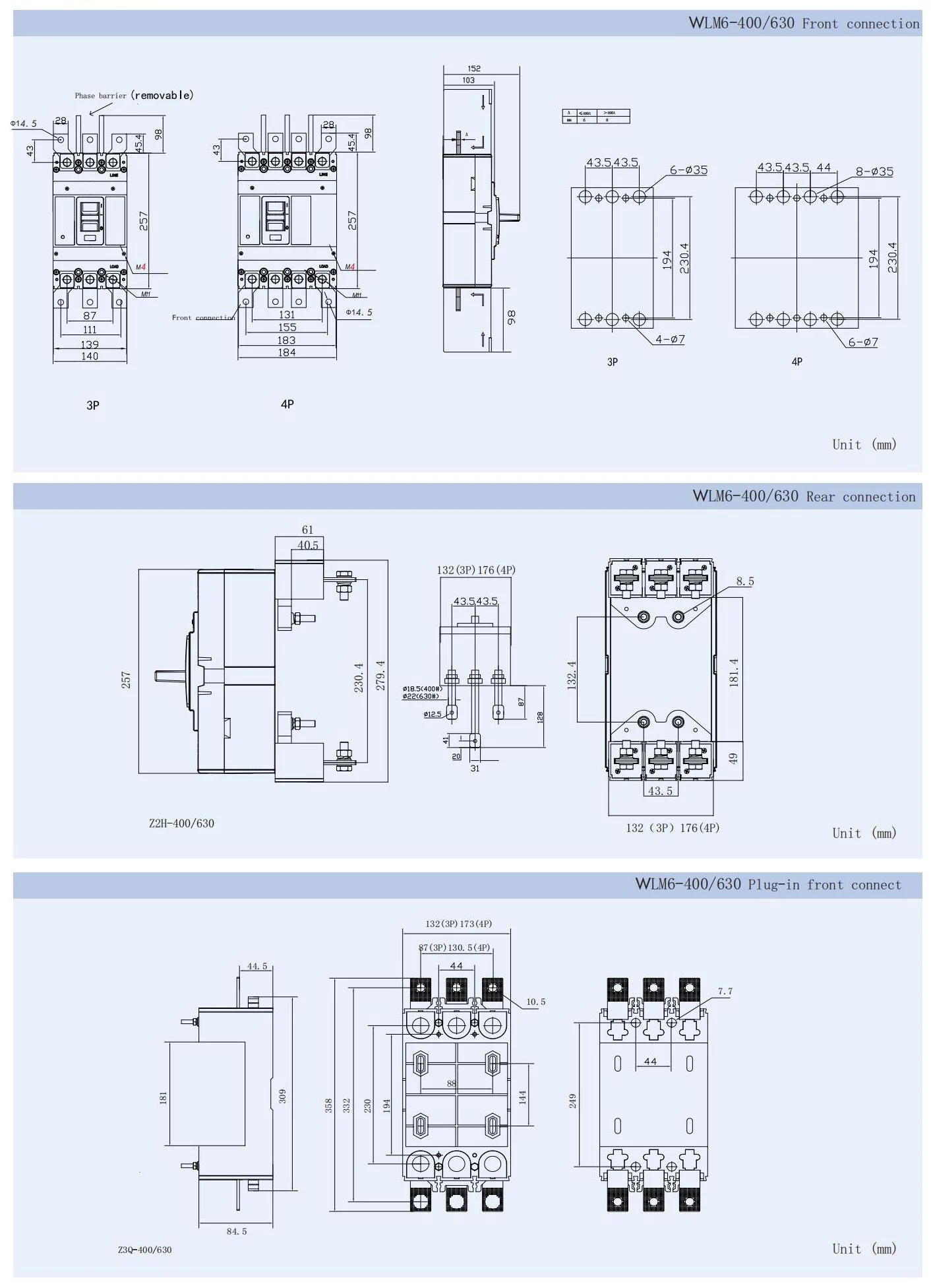 MCCB circuit breaker WLM6-400A-3300 3P/4P WLM6 Series 400vac Thermal magnetic type moulded case circuit breaker 400V/690V 400A 3/4 Poles detail image 1