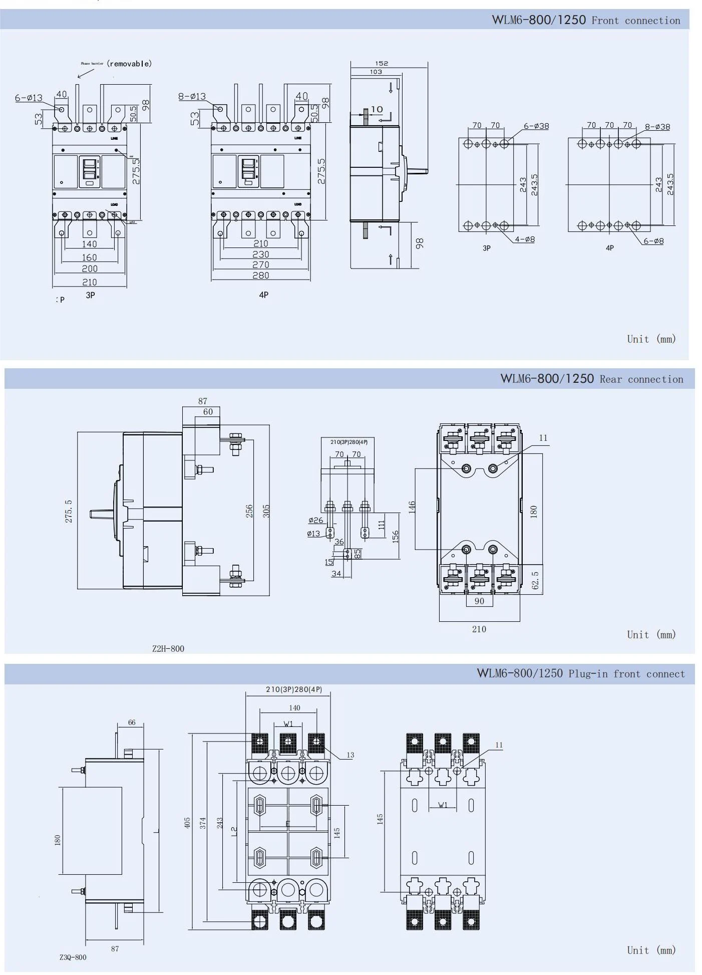 MCCB circuit breaker WLM6-800A-3300 3P/4P WLM6 Series thermal magnetic type breaker 400V/690V 800 amp 3/4 Poles detail image 1