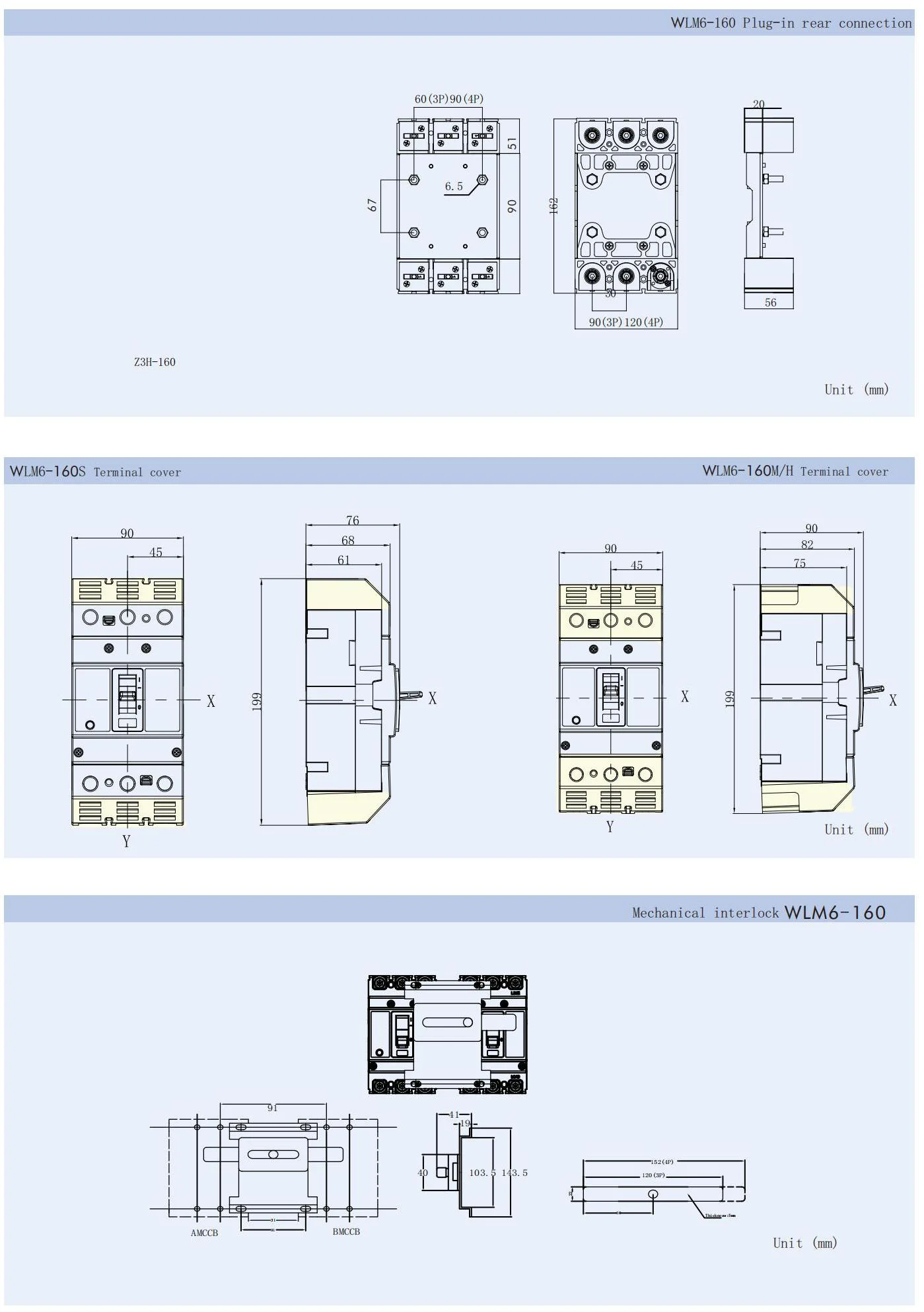 MCCB circuit breaker WLM6 Series thermal magnetic type mccb 400V/690V 160A 3/4 Poles detail image 3